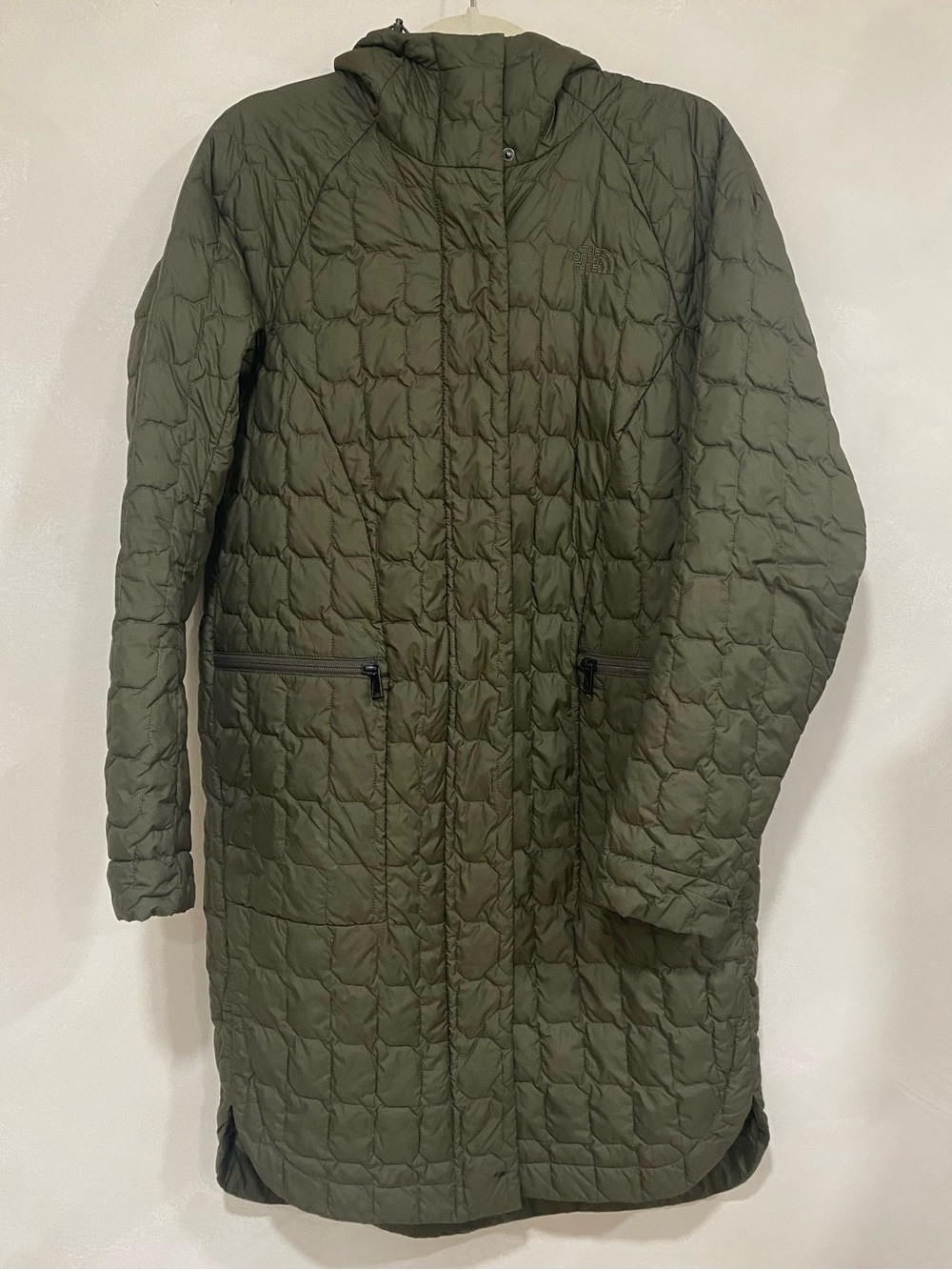 The North Face Womens Thermoball Quilted Hooded Light Weight Coat Olive Green LG